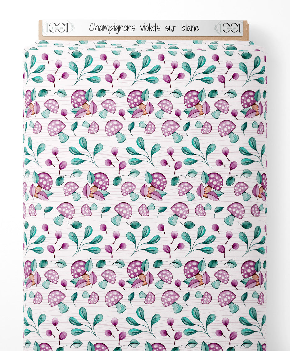 Tissu - Champignons violets sur blanc