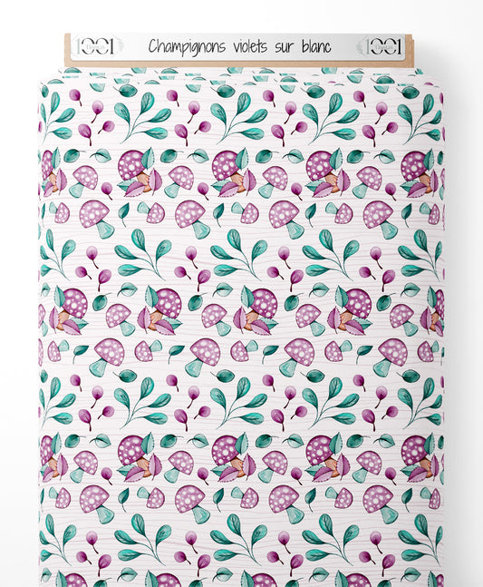 Tissu - Champignons violets sur blanc