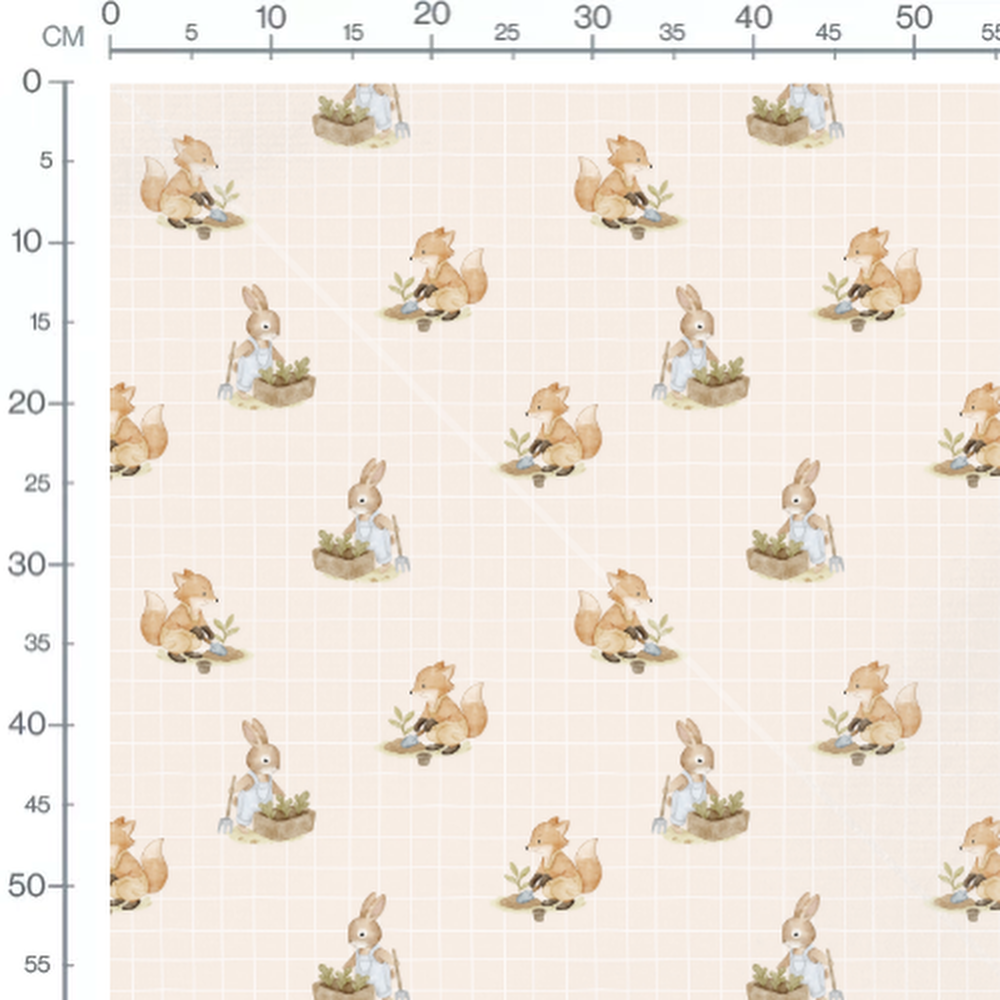 Tissu - Animaux jardiniers sur beige