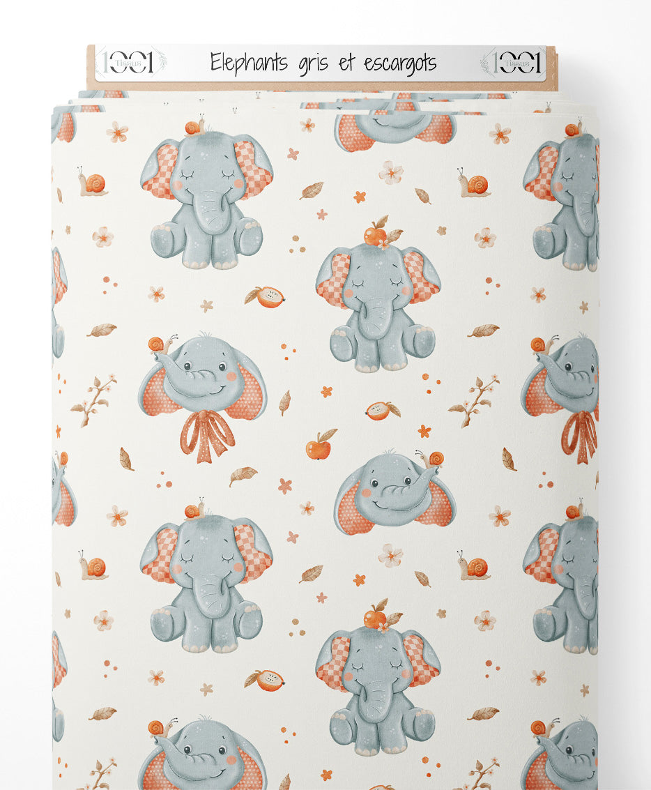 Tissu - Éléphants gris et escargots