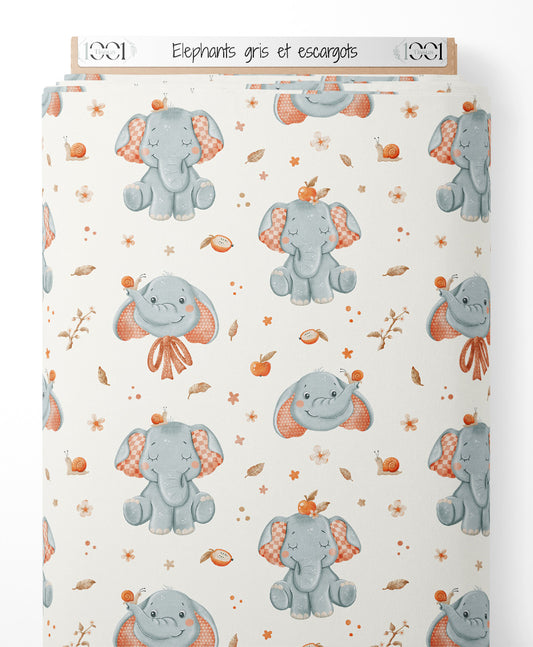 Tissu - Éléphants gris et escargots