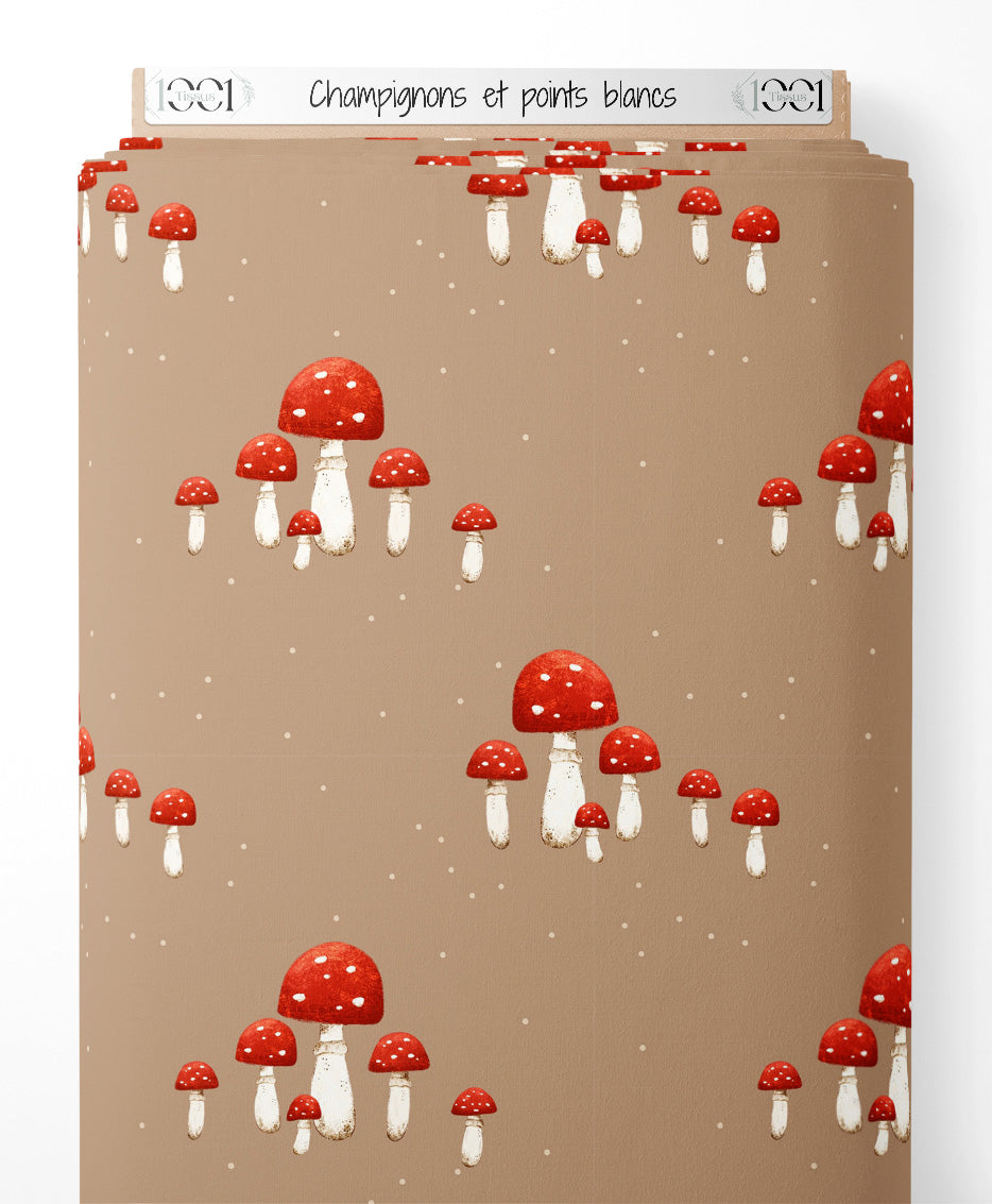 Tissu - Champignons et points blancs