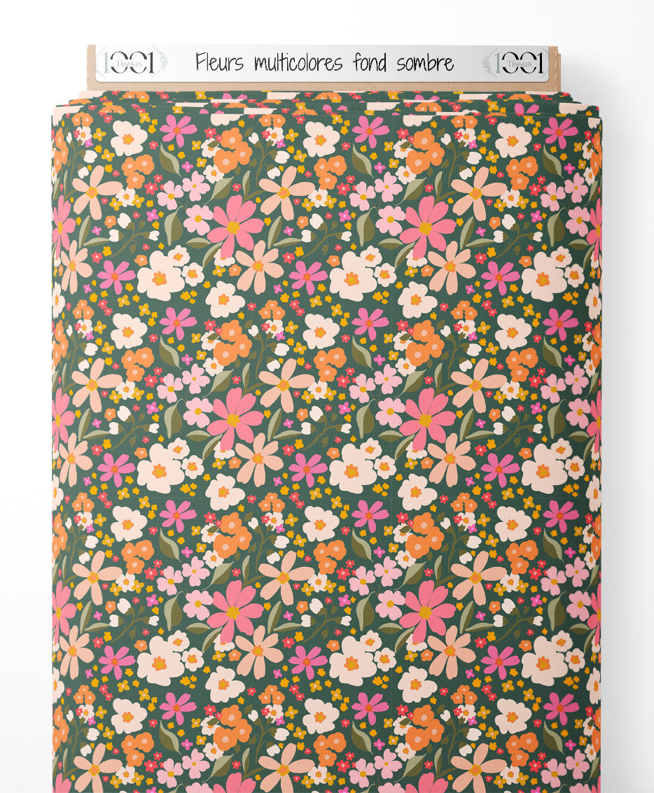 Tissu - Fleurs multicolores sur fond sombre