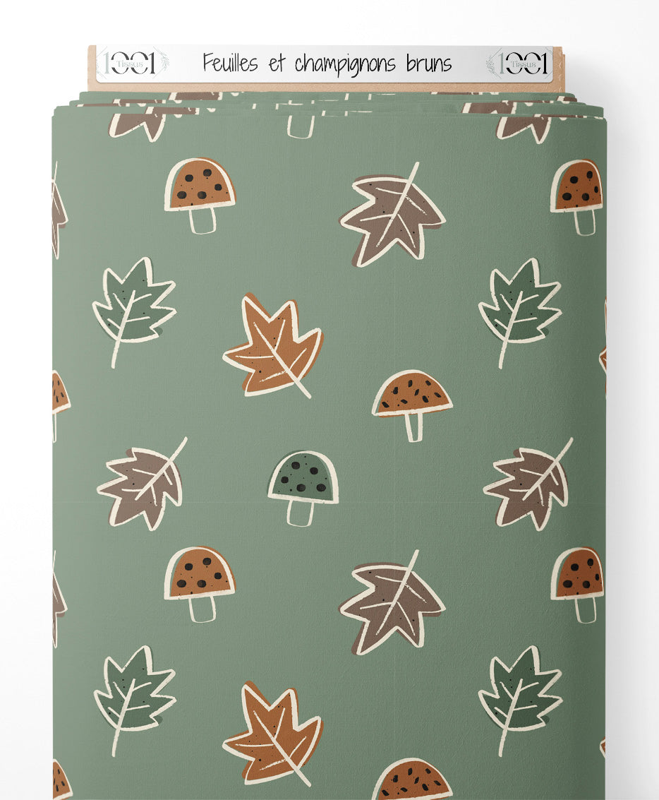 Tissu - Feuilles et champignons bruns