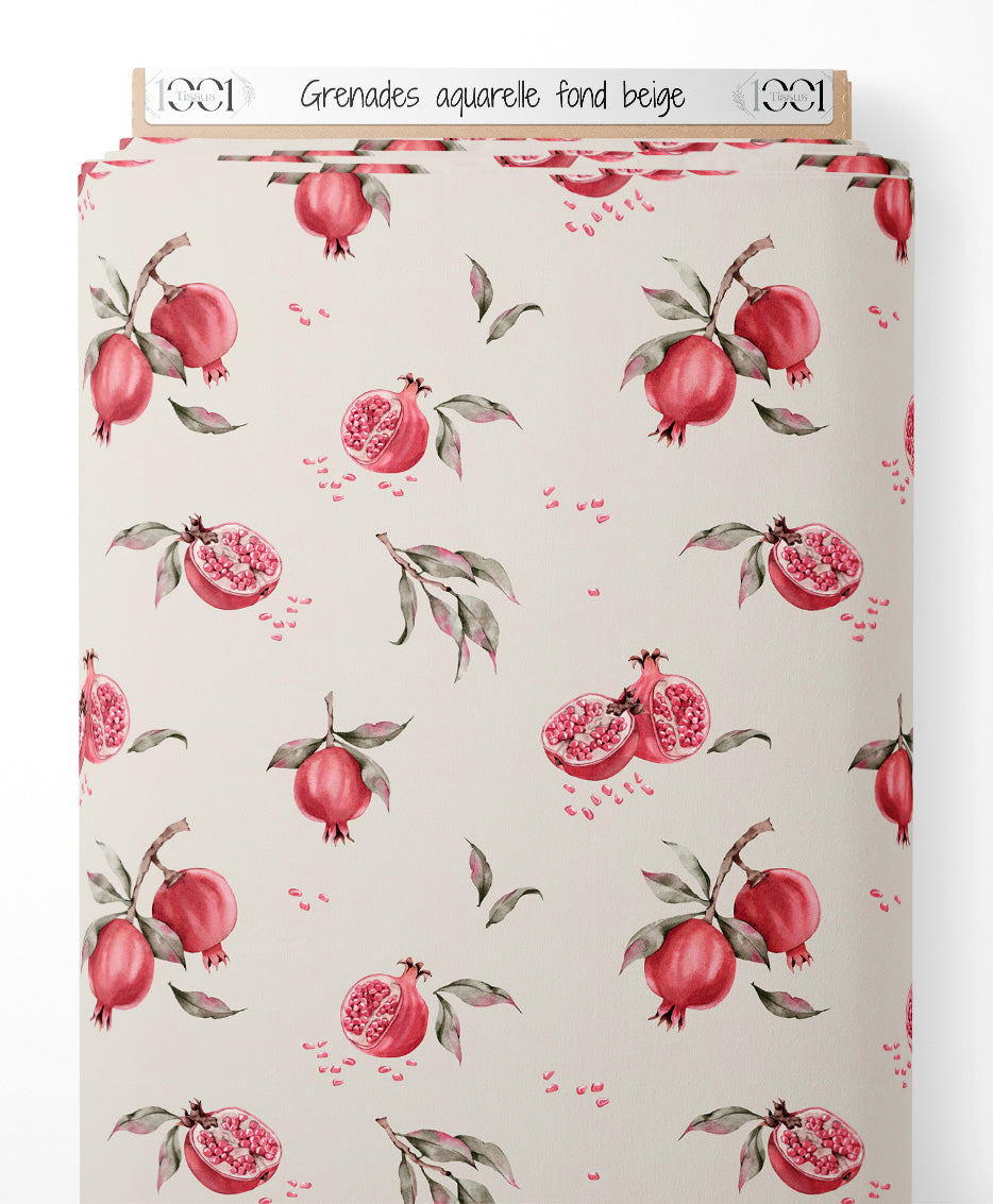 Tissu - Grenades aquarelle sur fond beige