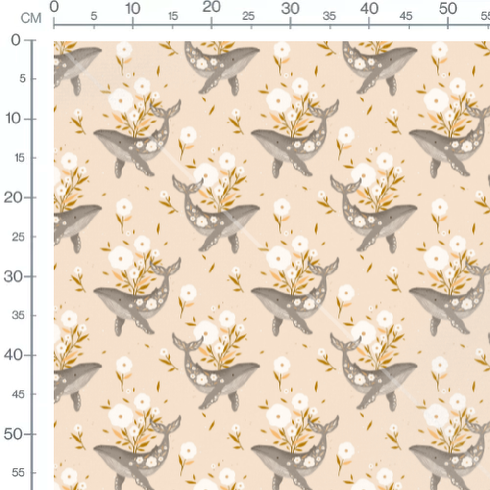 Tissu - Baleines et fleurs blanches