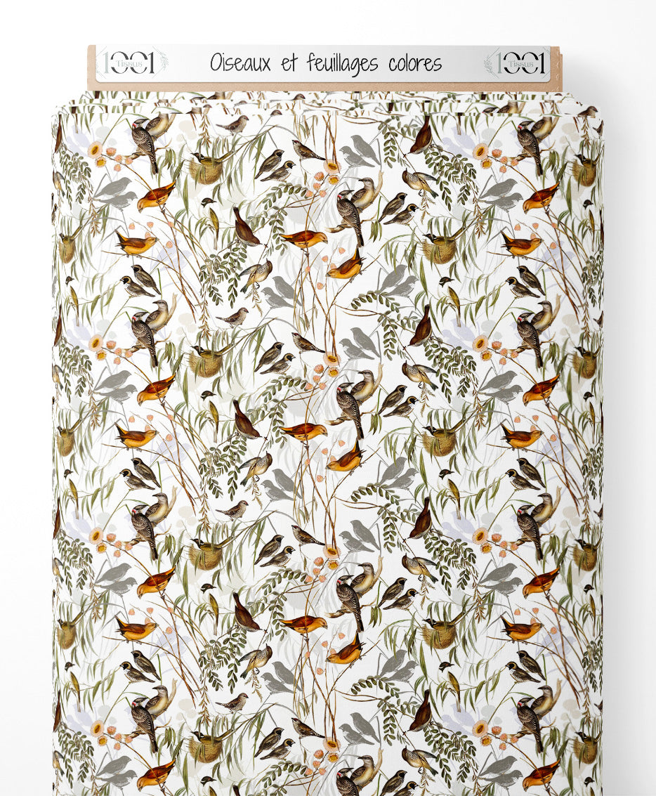 Tissu - Oiseaux et feuillages colorés