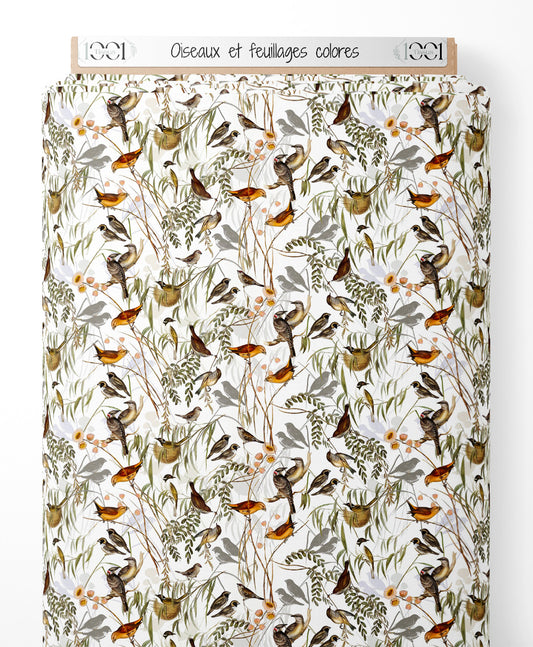 Tissu - Oiseaux et feuillages colorés