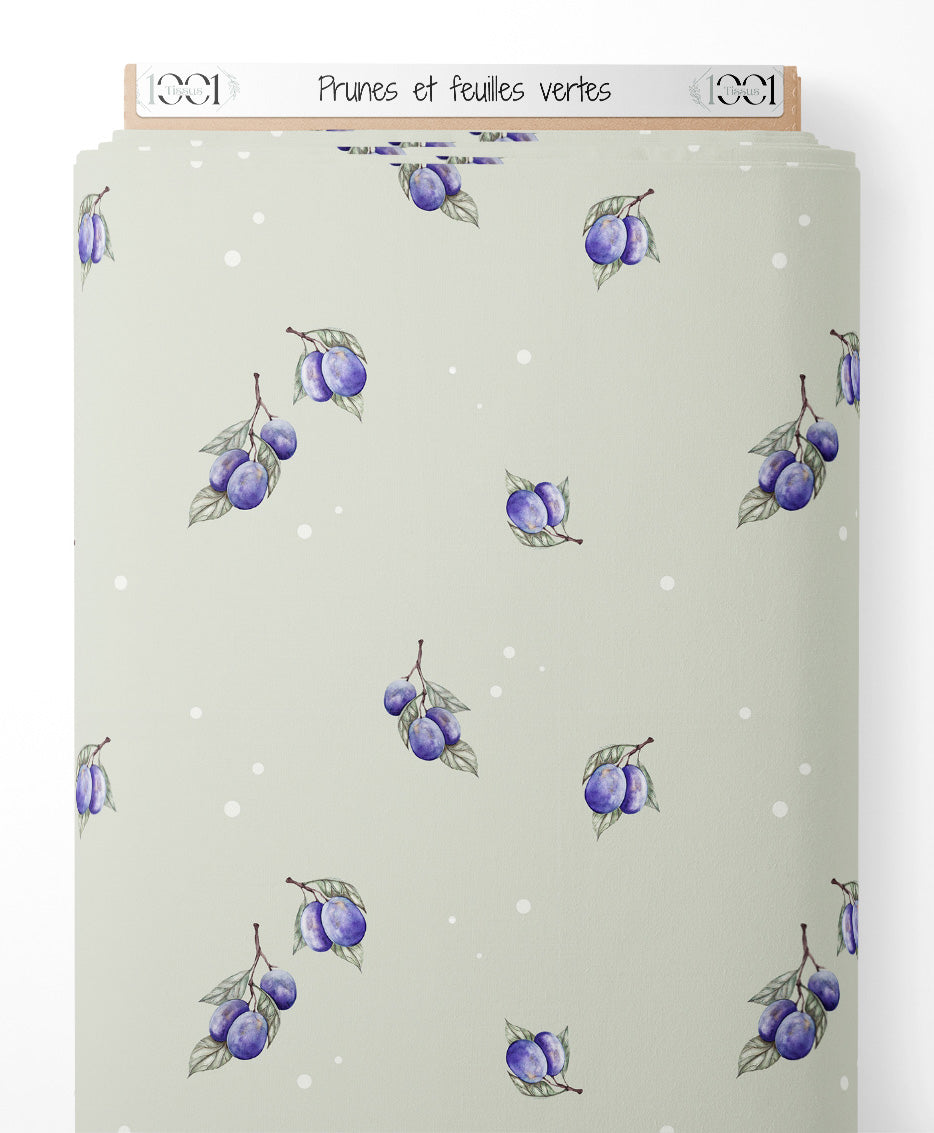 Tissu - Prunes et feuilles vertes