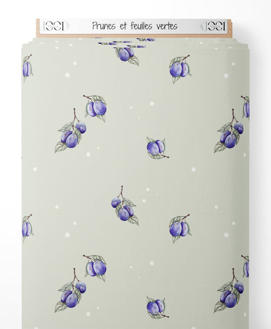 Tissu - Prunes et feuilles vertes