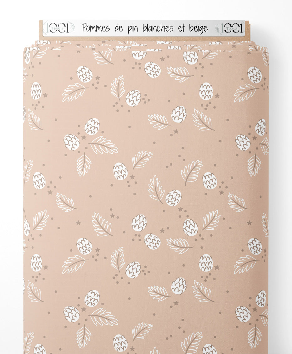 Tissu - Pommes de pin blanches et beige