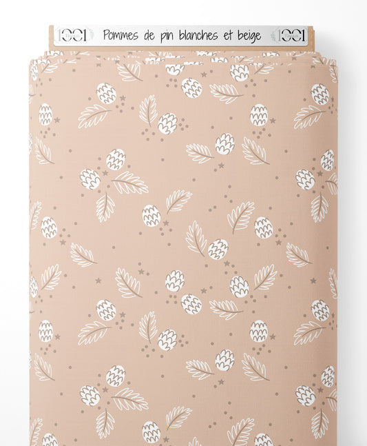 Tissu - Pommes de pin blanches et beige
