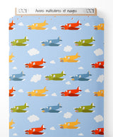Tissu - Avions multicolores et nuages