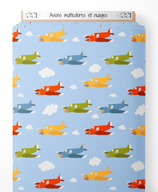 Tissu - Avions multicolores et nuages