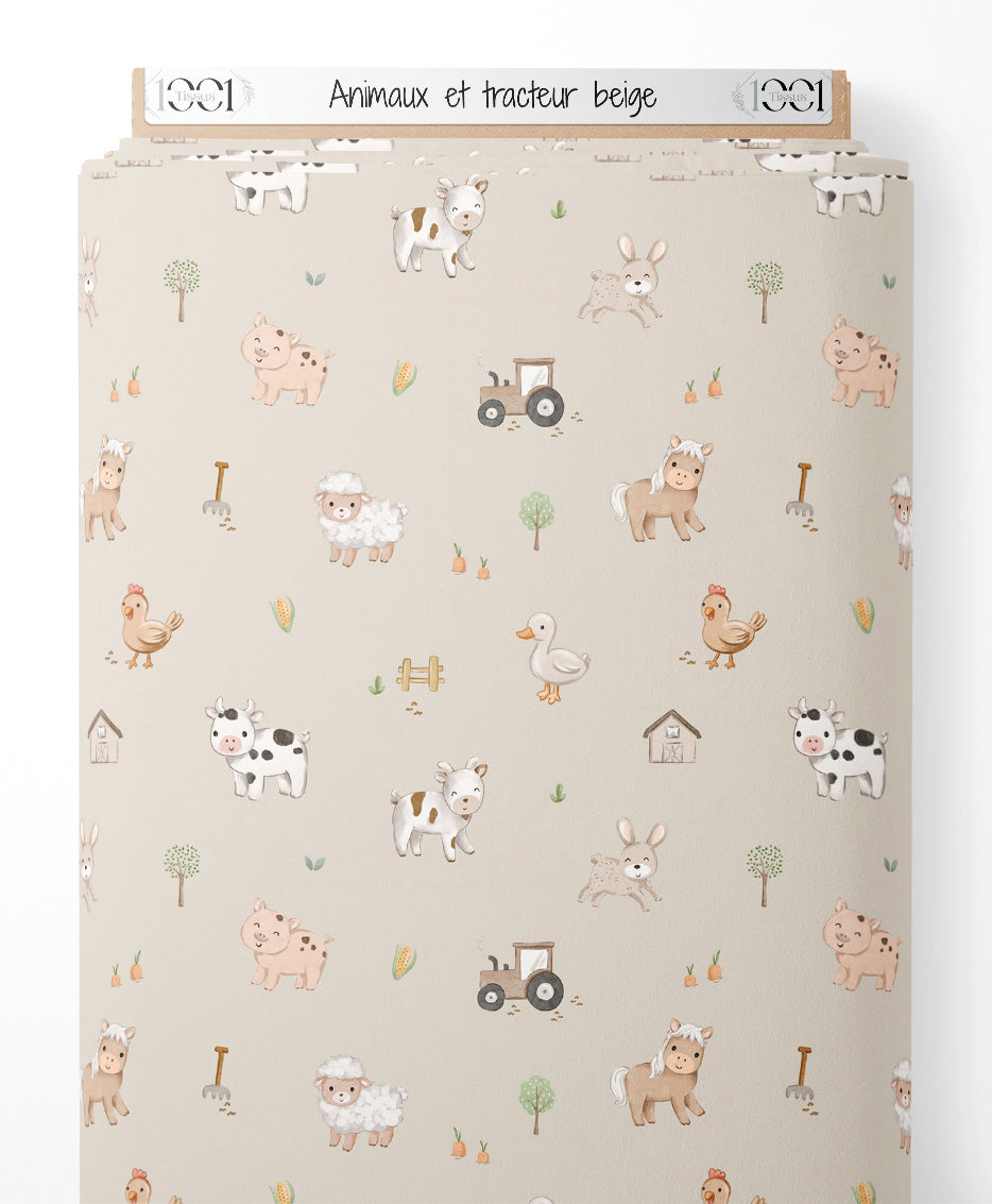 Tissu - Animaux et tracteur beige