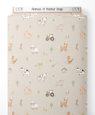 Tissu - Animaux et tracteur beige