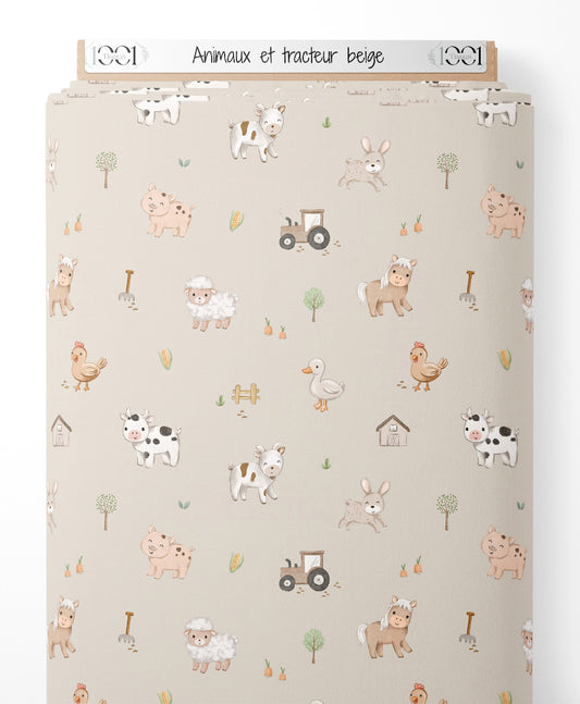 Tissu - Animaux et tracteur beige