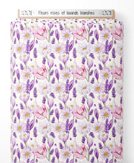 Tissu - Fleurs roses et lavande blanches