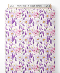 Tissu - Fleurs roses et lavande blanches