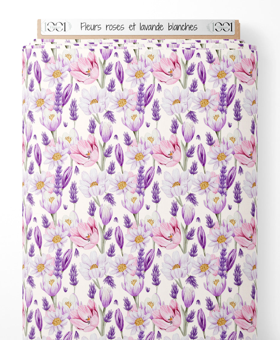 Tissu - Fleurs roses et lavande blanches