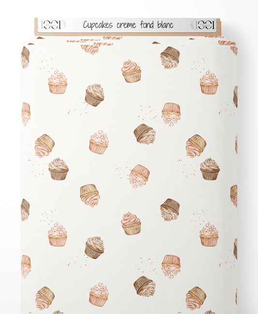 Tissu - Cupcakes crème sur fond blanc