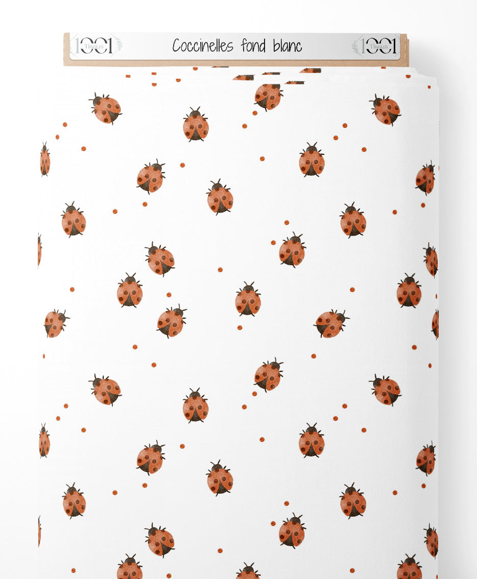 Tissu - Coccinelles sur fond blanc