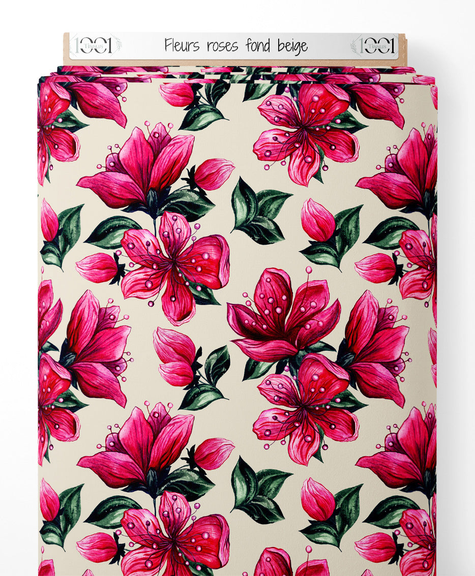 Tissu - Fleurs roses sur fond beige