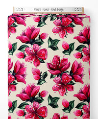 Tissu - Fleurs roses sur fond beige