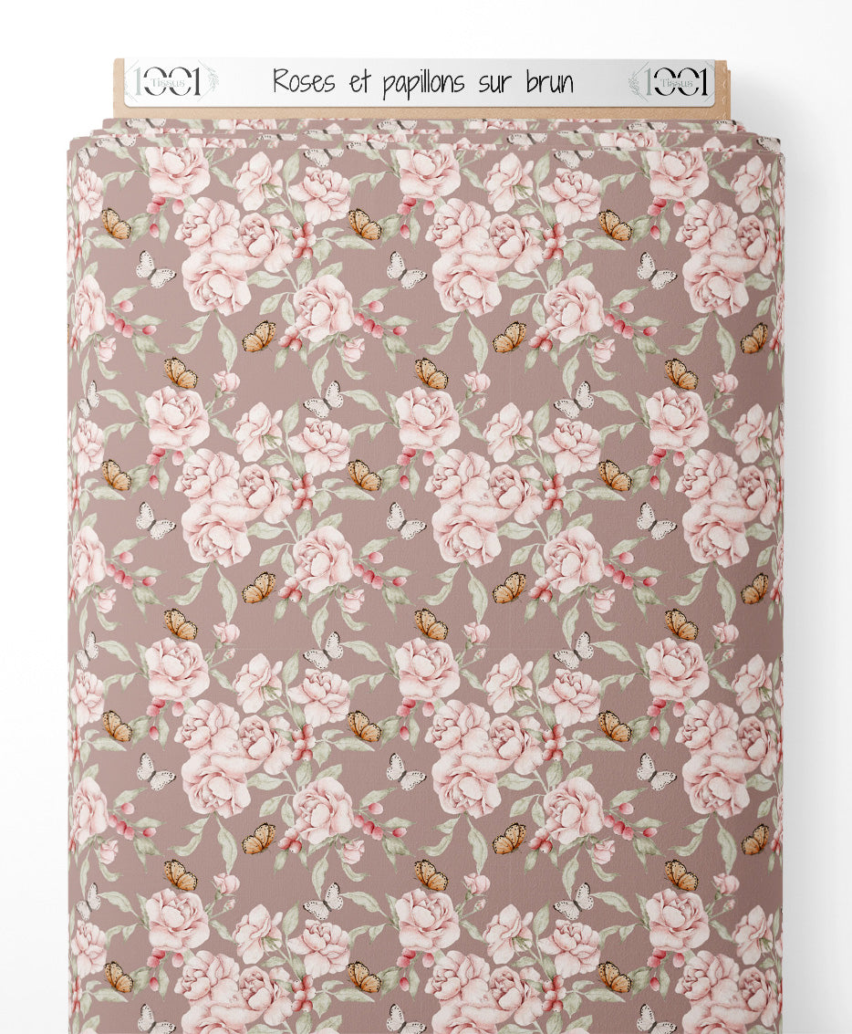 Tissu - Roses et papillons sur brun