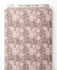 Tissu - Roses et papillons sur brun