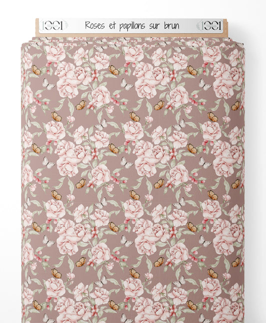 Tissu - Roses et papillons sur brun