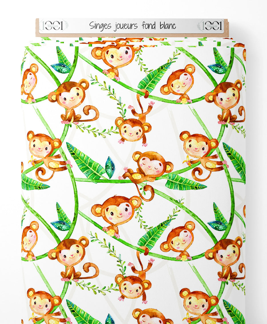 Tissu - Singes joueurs sur fond blanc