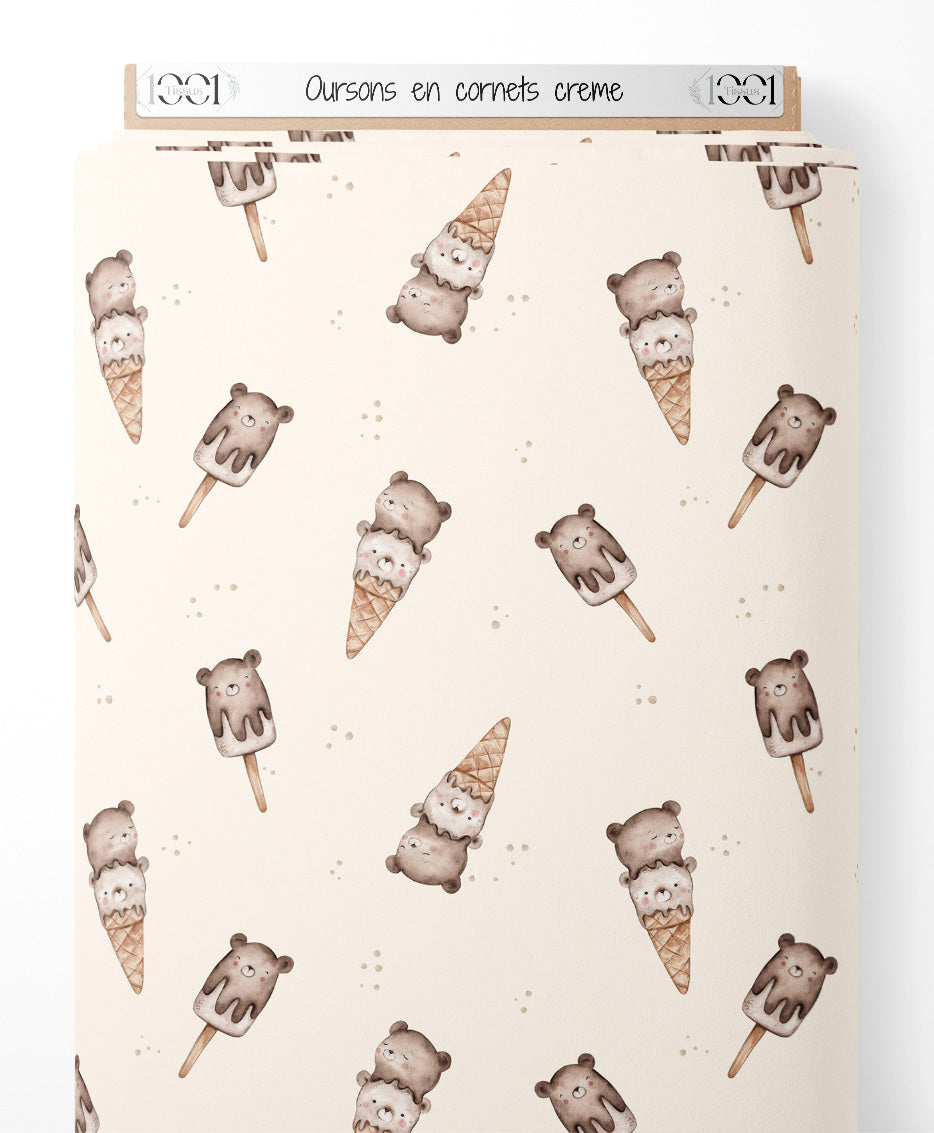 Tissu - Oursons en cornets crème