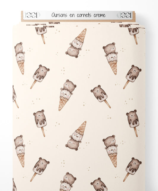 Tissu - Oursons en cornets crème
