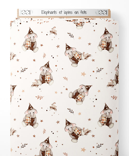 Tissu - Éléphants et lapins en fête