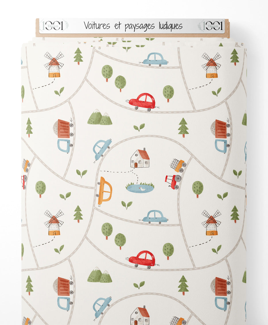 Tissu - Voitures et paysages ludiques