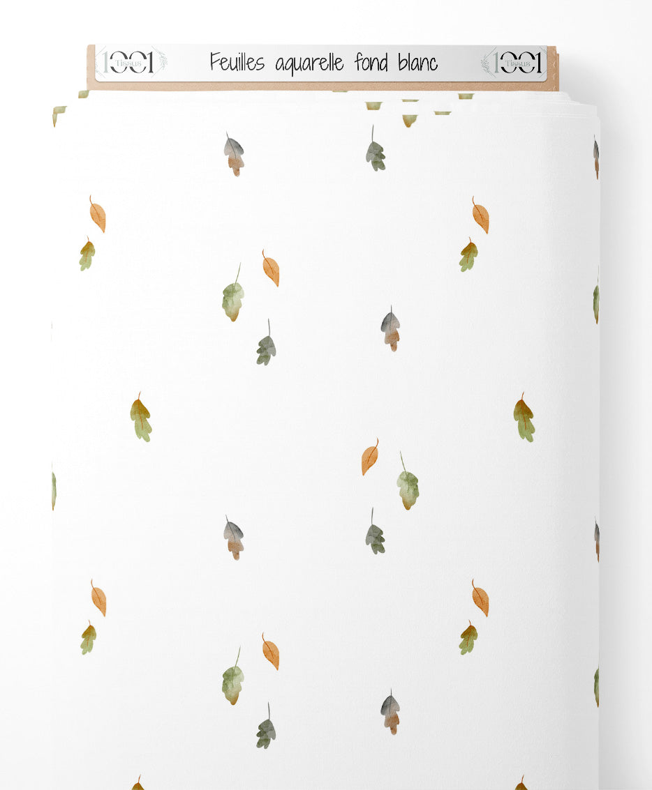 Tissu - Feuilles aquarelle sur fond blanc