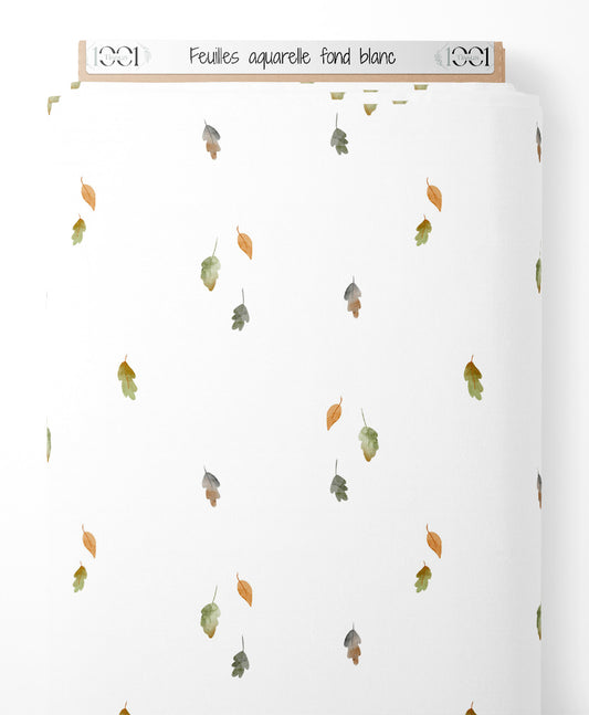Tissu - Feuilles aquarelle sur fond blanc