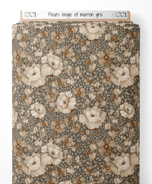 Tissu - Fleurs beige et marron gris