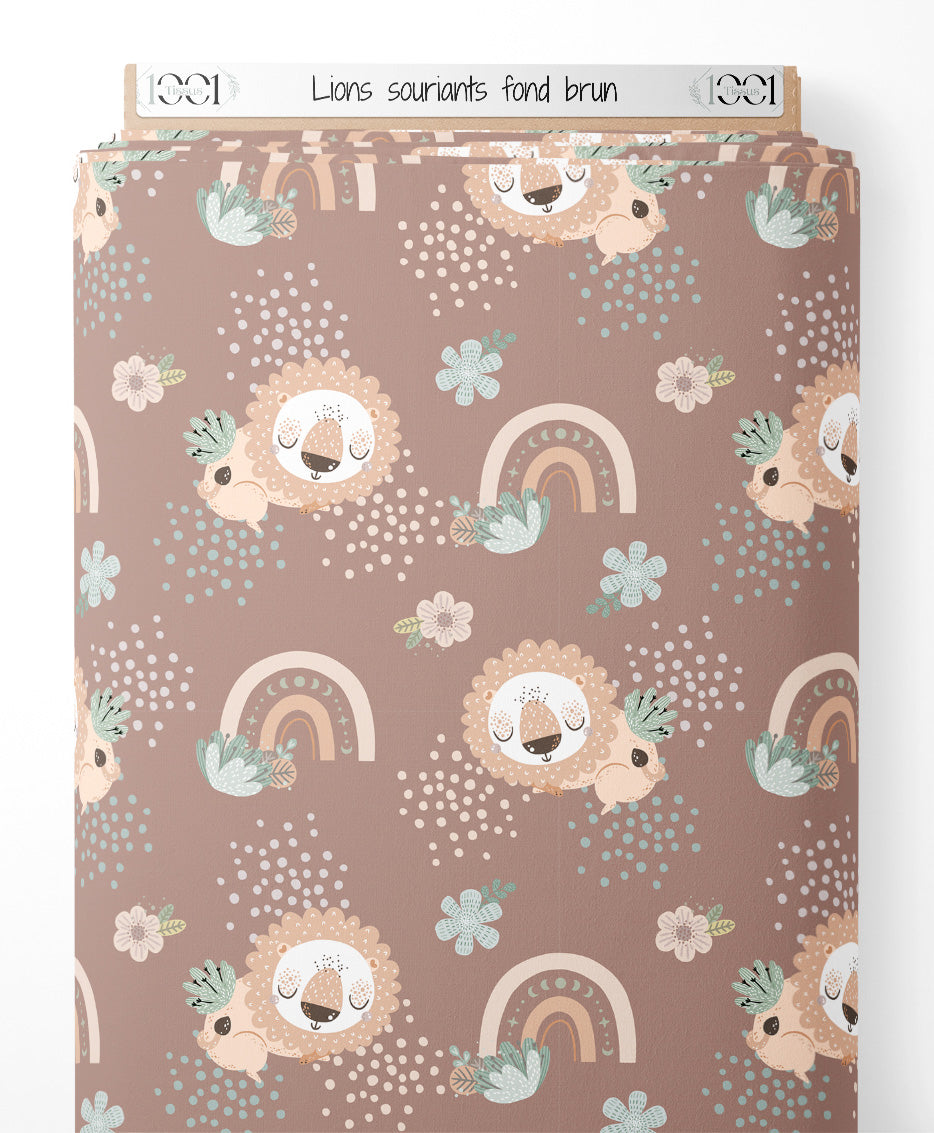 Tissu - Lions souriants sur fond brun