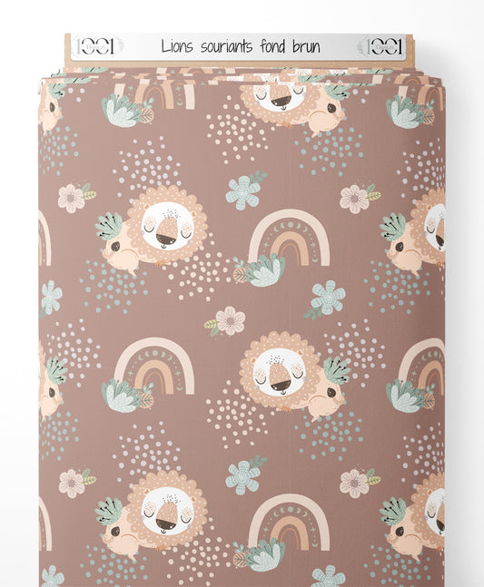 Tissu - Lions souriants sur fond brun