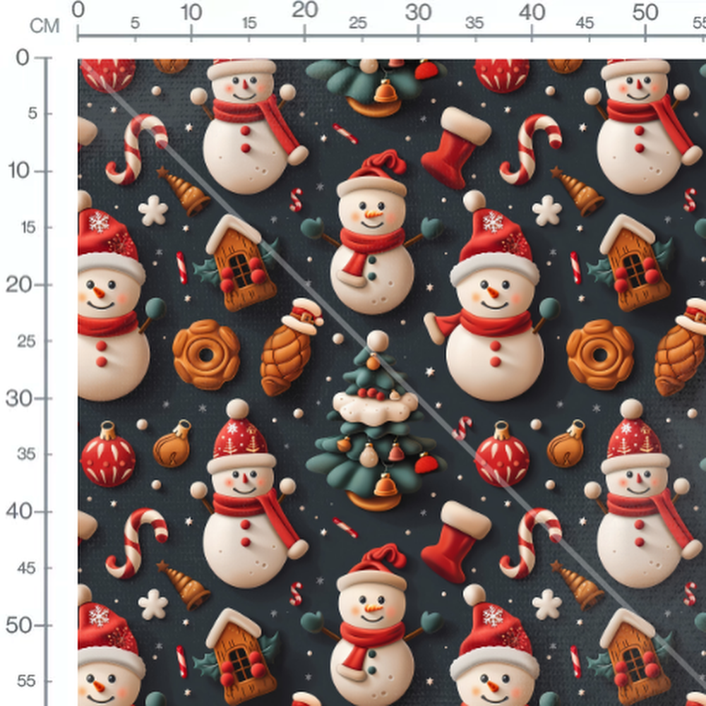 Tissu - bonhommes de neige fond noir 3D
