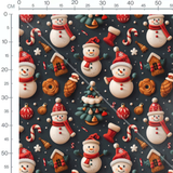 Tissu - bonhommes de neige fond noir 3D