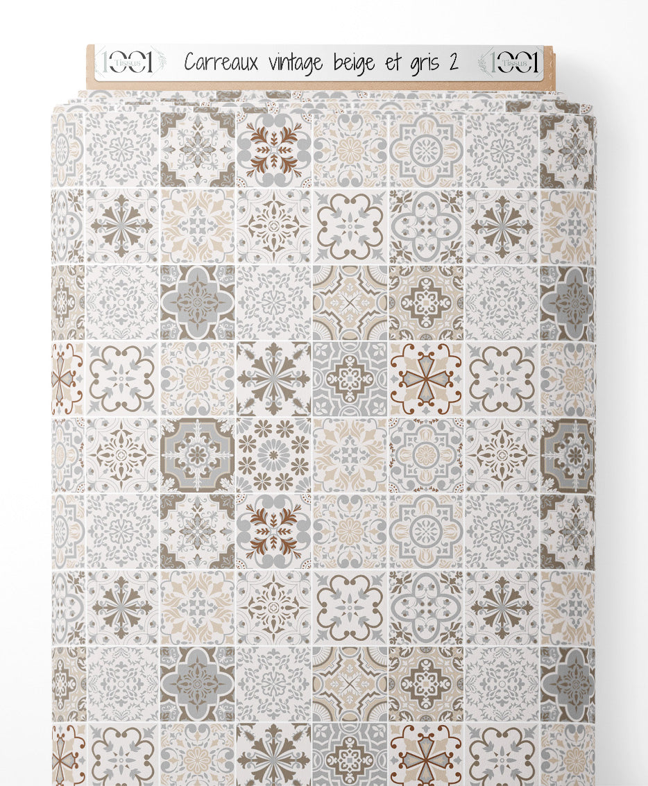 Tissu - Carreaux vintage beige et gris 2
