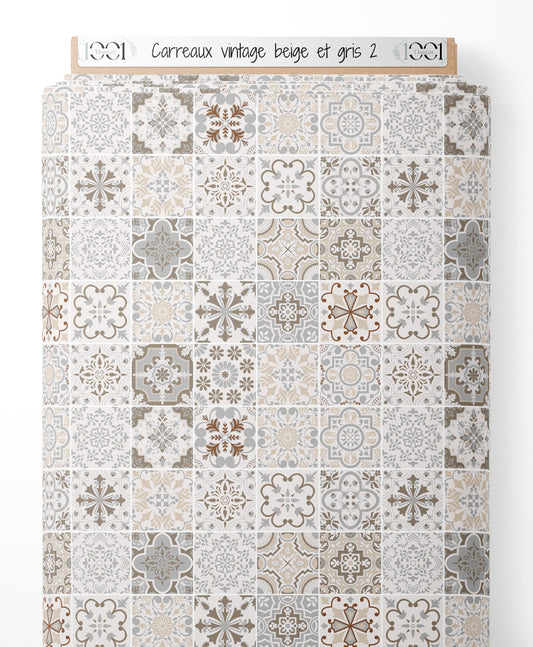 Tissu - Carreaux vintage beige et gris 2