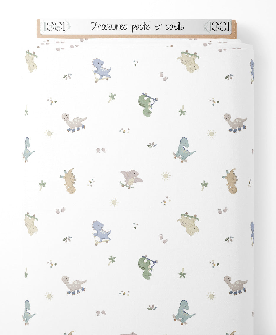 Tissu - Dinosaures pastel et soleils