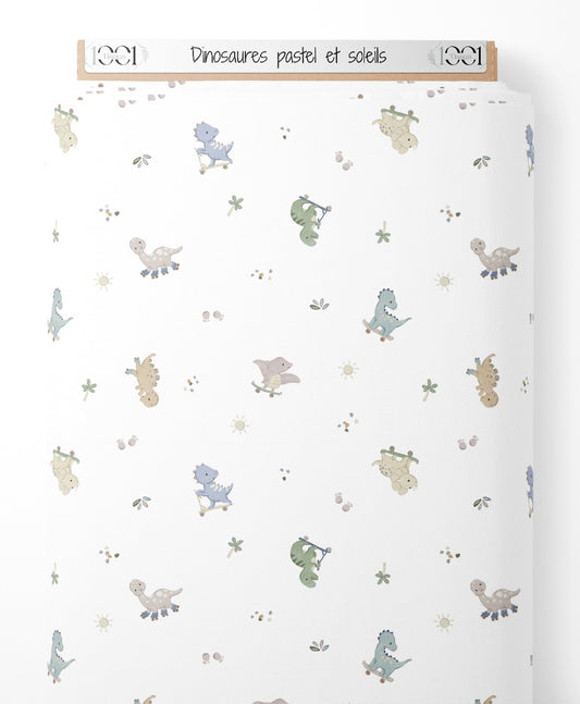 Tissu - Dinosaures pastel et soleils