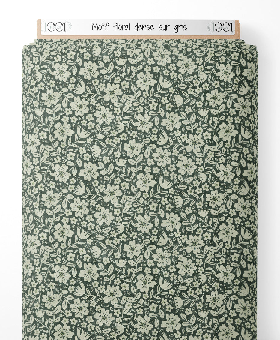 Tissu - Motif floral dense sur gris