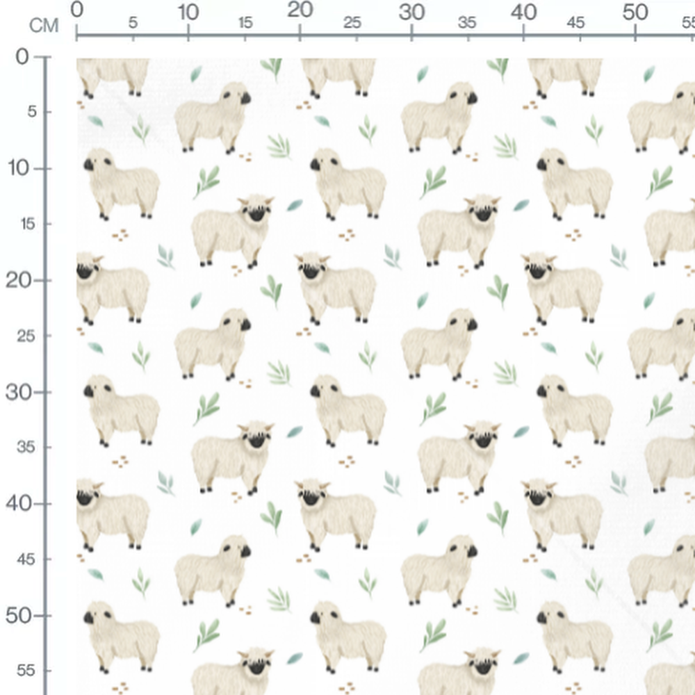 Tissu - Moutons noirs et feuillage vert