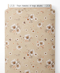 Tissu - Fleurs blanches et beige délicates
